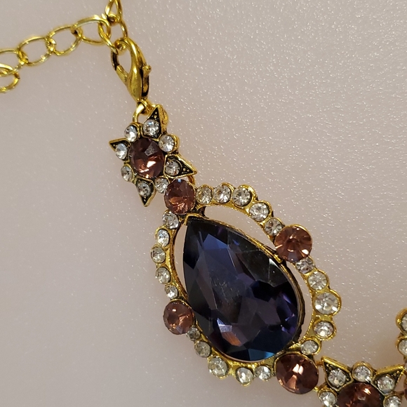Purple amber and clear rhinestones goldtone statement necklace NIB wedding prom - Picture 4 of 10